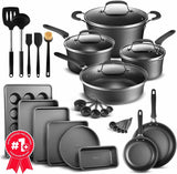 Cookware Set – 23 Piece –Black Multi-Sized Cooking Pots with Lids, Skillet Fry Pans and Bakeware – Reinforced Pressed Aluminum Metal - for Gas, Electric, Ceramic and Induction by BAKKEN Swiss
