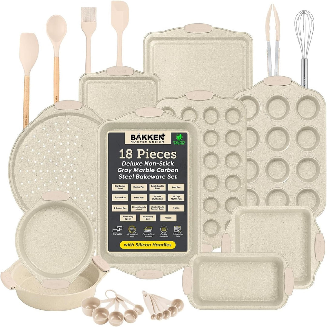 BAKKENMASTE 18-Piece Deluxe Nonstick Carbon Steel Bakeware Set - Professional Kitchen Oven Baking Pans with White Silicone Handles and Accessories