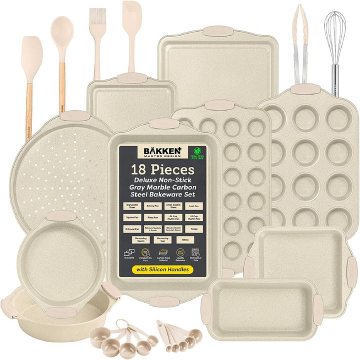BAKKENMASTE 18-Piece Deluxe Nonstick Carbon Steel Bakeware Set - Professional Kitchen Oven Baking Pans with White Silicone Handles and Accessories
