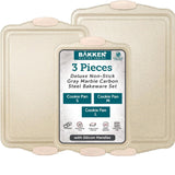 BAKKEN Cookie Sheets for Baking Nonstick Set - 3-Piece Stackable Carbon Steel Baking Sheet Pans Set with Silicone Handles, Non Toxic Cookie Sheets for Baking Bakeware Set - White Marble