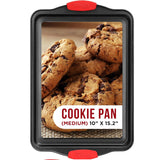 Nonstick Cookie Sheet Pan Carbon Steel Oven Tray Sheet Pan with Red Silicone Handles -Medium Bakeware Pan Tray with Gray Coating Inside & Outside