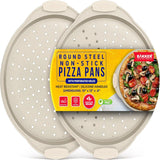Bakken Pizza Baking Pan - Round Perforated Carbon Steel Pan with Non-Stick Marble Coating, Oversized Silicone Handle, Dishwasher Safe, High-Temperature Resistant, Durable & Easy Cleanup White, 2 Pack