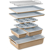 Bakken 8-Piece Stackable Bakeware Set - Ceramic Non-Stick Coating, Baking Sheets, Assorted Baking Pans, PTFE, PFOA & PFOS Free - Healthy Baking, Ergonomic Handles, Cooling Rack, Non-Toxic, Oven-Safe