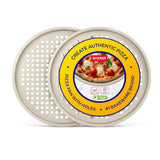 Bakken Pizza Baking Pan - Round Perforated Carbon Steel Pan with Non-Stick Marble Coating, Oversized Silicone Handle, Dishwasher Safe, High-Temperature Resistant, Durable & Easy Cleanup White, 2 Pack