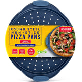 Bakken Pizza Baking Pan - Round Perforated Carbon Steel Pan with Non-Stick Marble Coating, Oversized Silicone Handle, Dishwasher Safe, High-Temperature Resistant, Durable and Easy Cleanup - Blue