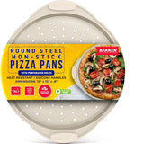 Bakken Pizza Baking Pan - Round Perforated Carbon Steel Pan with Non-Stick Marble Coating, Oversized Silicone Handle, Dishwasher Safe, High-Temperature Resistant, Durable, and Easy Cleanup White