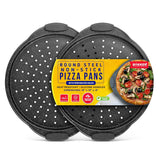 Bakken Pizza Baking Pan - Round Perforated Carbon Steel Pan with Non-Stick Marble Coating, Oversized Silicone Handle, Dishwasher Safe, High-Temperature Resistant, Durable & Easy Cleanup Gray, 2 Pack