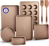 Bakeware Set – 8 Piece – Non-Stick Professional Home Bakeware – Multi Sized Baking Pan Set - Muffin Pan, Loaf Pan and More – Gold