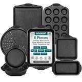 BAKKEN 8-Piece Kitchen Oven Baking Pans Set - Deluxe Nonstick Gray Marble Coating, Professional Grade Carbon Steel Bakeware with Silicone Handles - Oven, Dishwasher, and Freezer Safe