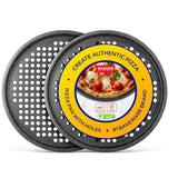 Bakken Pizza Baking Pan - Round Perforated Carbon Steel Pan with Non-Stick Marble Coating, Oversized Silicone Handle, Dishwasher Safe, High-Temperature Resistant, Durable & Easy Cleanup Gray, 2 Pack