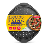 Bakken Pizza Baking Pan - Round Perforated Carbon Steel Pan with Non-Stick Marble Coating, Oversized Silicone Handle, Dishwasher Safe, High-Temperature Resistant, Durable & Easy Cleanup Gray