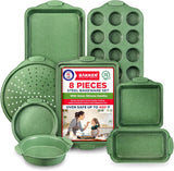 BAKKEN Kitchen Baking Pan Set - Nonstick Green Marble Coating, Carbon Steel Bakeware Sets with Green Silicone Handles, Kitchen Essentials, PFOA, PFOS, PTFE Free, Oven Safe (Up To 450° F), Set of 8