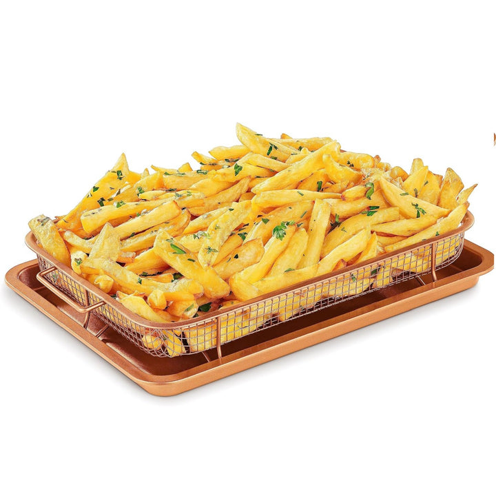 Bakken Swiss Air Fryer Tray,2in1 Nonstick Copper Crisper Air Fry Basket w/Elevated Mesh Great For Oven, For Baking & Crispy Foods, Dishwasher Safe,PTFE/PFOA/PFOS FREE Extra-large 9.5"x13",Copper