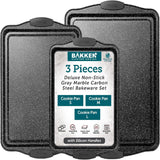 BAKKEN Cookie Sheets for Baking Nonstick Set - 3-Piece Stackable Carbon Steel Baking Sheet Pans Set with Silicone Handles, Non Toxic Cookie Sheets for Baking Bakeware Set - Gray Marble