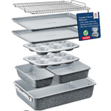 Bakken 8-Piece Stackable Bakeware Set - Ceramic Non-Stick Coating, Baking Sheets, Assorted Baking Pans, PTFE, PFOA & PFOS Free - Healthy Baking, Ergonomic Handles, Cooling Rack, Non-Toxic, Oven-Safe