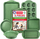 BAKKEN Kitchen Baking Pan Set - Nonstick Green Marble Coating, Carbon Steel Bakeware Sets with Green Silicone Handles, Kitchen Essentials, PFOA, PFOS, PTFE Free, Oven Safe (Up To 450° F), Set of 6