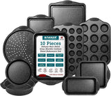 BAKKEN Kitchen Oven Baking Pans - Nonstick Gray Coating, Carbon Steel Bakeware Set with White Silicone Handles, Commercial Restaurant Quality Pans, PFOA, PFOS, PTFE Free, Oven Safe (450° F), Set of 10