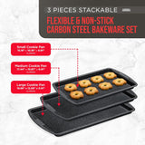 Bakken Swiss Cookie Sheet 3 Piece Set - Non-Stick, Stackable Baking Pans, Gray marble Deluxe Ceramic Coating – Dishwasher Safe - for Home Baking