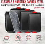 Nonstick Cookie Sheet Pans Set of 5 - Professional Quality Carbon Steel Baking Sheet Trays with Gray Coating Inside & Outside – Small, Medium, Large Pans, Roaster Pan, and Plastic Lid