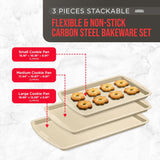 Bakken Swiss Cookie Sheet 3 Piece Set - Non-Stick, Stackable Baking Pans, White marble Deluxe Ceramic Coating – Dishwasher Safe - for Home Baking