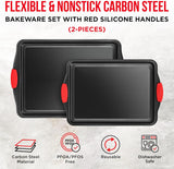 2 Piece Set Nonstick Carbon Steel Oven Bakeware -Professional Quality Kitchen Cooking Baking Trays -PFOA, PFOS, PTFE-Free Small & MediumBaking Sheet Pans with Red Silicone Handles