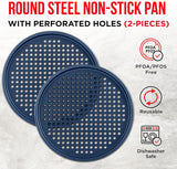 Bakken Pizza Baking Pan - Round Perforated Carbon Steel Pan with Non-Stick Marble Coating, Oversized Silicone Handle, Dishwasher Safe, High-Temperature Resistant, Durable Easy Cleanup - Blue,Pack of 2