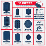 BAKKEN Kitchen Baking Pan Set - Nonstick Coating, Carbon Steel Bakeware Sets with Blue Silicone Handles, Baking Kitchen Essentials, PFOA, PFOS, PTFE Free, Oven Safe Tray (Up To 450° F), Set of 18