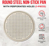 Bakken Pizza Baking Pan - Round Perforated Carbon Steel Pan with Non-Stick Marble Coating, Oversized Silicone Handle, Dishwasher Safe, High-Temperature Resistant, Durable & Easy Cleanup White, 1 Pack