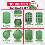 BAKKEN Kitchen Baking Pan Set - Nonstick Green Marble Coating, Carbon Steel Bakeware Sets with Green Silicone Handles, Kitchen Essentials, PFOA, PFOS, PTFE Free, Oven Safe (Up To 450° F), Set of 10