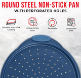 Bakken Pizza Baking Pan - Round Perforated Carbon Steel Pan with Non-Stick Marble Coating, Oversized Silicone Handle, Dishwasher Safe, High-Temperature Resistant, Durable and Easy Cleanup - Blue