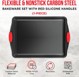 Nonstick Cookie Sheet Pan Carbon Steel Oven Tray Sheet Pan with Red Silicone Handles -large Bakeware Pan Tray with Gray Coating Inside & Outside