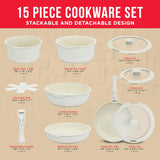 Bakken 15-Piece Non-Stick Cookware Set with Detachable Handles – Granite Stackable Pots and Pans Set, Dishwasher Safe, Oven-Safe, and Compatible Kitchen Essential for All Stoves – Black Granite