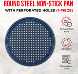 Bakken Pizza Baking Pan - Round Perforated Carbon Steel Pan with Non-Stick Marble Coating, Oversized Silicone Handle, Dishwasher Safe, High-Temperature Resistant, Durable & Easy Cleanup, Pack of 1