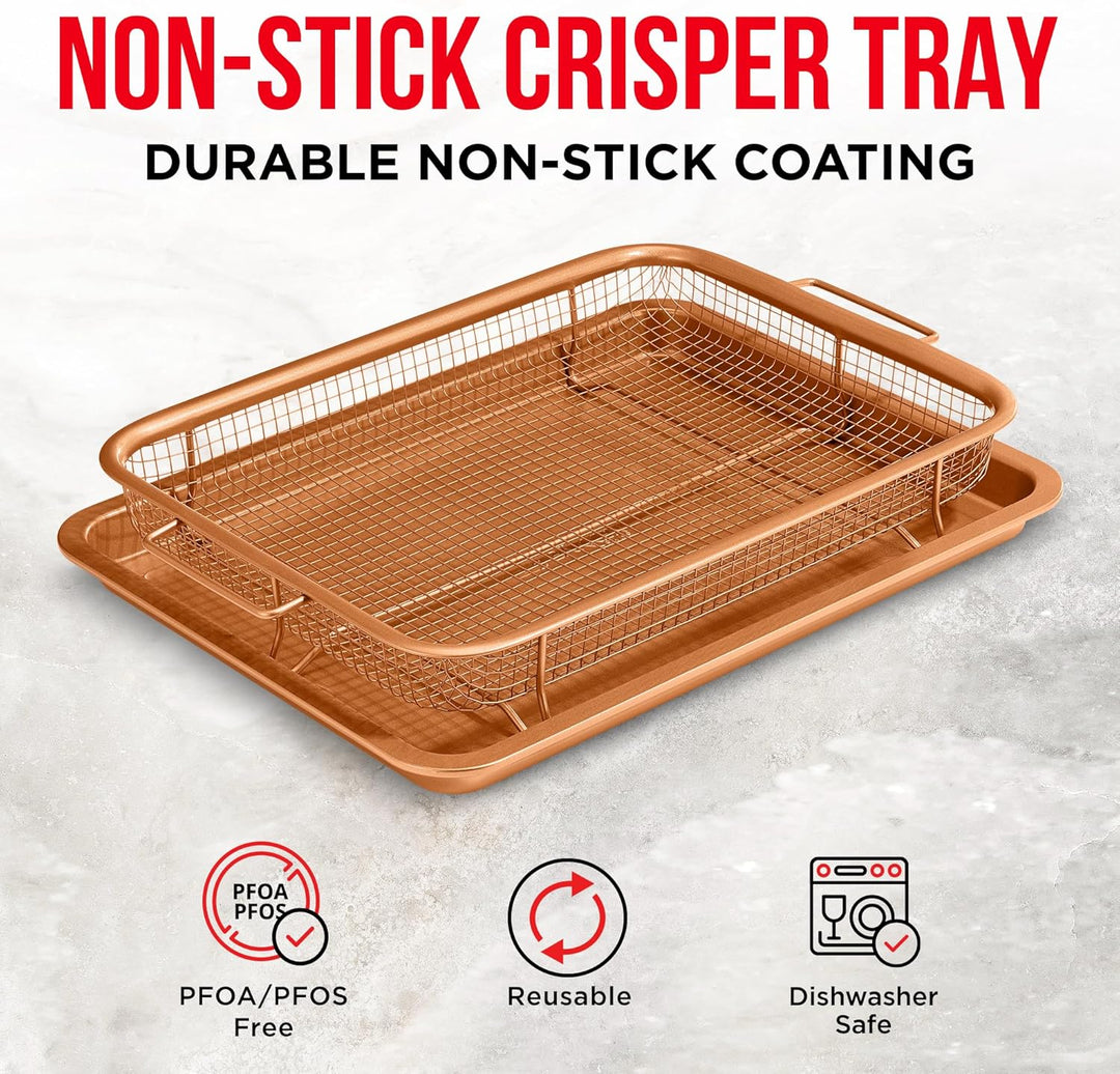 Bakken Swiss Air Fryer Tray,2in1 Nonstick Copper Crisper Air Fry Basket w/Elevated Mesh Great For Oven, For Baking & Crispy Foods, Dishwasher Safe,PTFE/PFOA/PFOS FREE Extra-large 9.5"x13",Copper