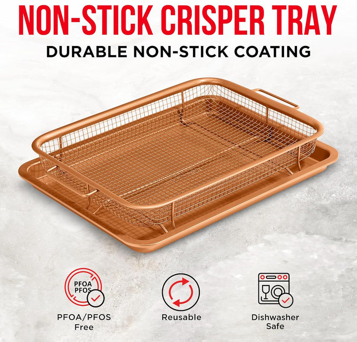 Bakken Swiss Air Fryer Tray,2in1 Nonstick Copper Crisper Air Fry Basket w/Elevated Mesh Great For Oven, For Baking & Crispy Foods, Dishwasher Safe,PTFE/PFOA/PFOS FREE Extra-large 9.5"x13",Copper