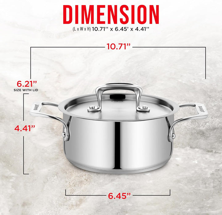Stockpot – 2 Quart – Brushed Stainless Steel – Heavy Duty Induction Pot with Lid and Riveted Handles – For Soup, Seafood, Stock, Canning and for Catering for Large Groups and Events by BAKKEN