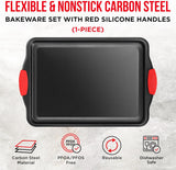 Nonstick Cookie Sheet Pan Carbon Steel Oven Tray Sheet Pan with Red Silicone Handles -Medium Bakeware Pan Tray with Gray Coating Inside & Outside