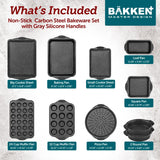 BAKKEN Kitchen Oven Baking Pans - Nonstick Gray Coating, Carbon Steel Bakeware Set with White Silicone Handles, Commercial Restaurant Quality Pans, PFOA, PFOS, PTFE Free, Oven Safe (450° F), Set of 10