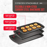 Bakken Swiss Cookie Sheet 3 Piece Set - Non-Stick, Stackable Baking Pans, Gray Deluxe Ceramic Coating – Dishwasher Safe - for Home Baking