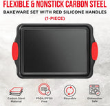 Nonstick Cookie Sheet Pan Carbon Steel Oven Tray Sheet Pan with Red Silicone Handles -Small Bakeware Pan Tray with Gray Coating Inside & Outside