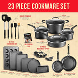 Cookware Set – 23 Piece –Black Multi-Sized Cooking Pots with Lids, Skillet Fry Pans and Bakeware – Reinforced Pressed Aluminum Metal - for Gas, Electric, Ceramic and Induction by BAKKEN Swiss