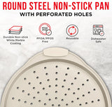 Bakken Pizza Baking Pan - Round Perforated Carbon Steel Pan with Non-Stick Marble Coating, Oversized Silicone Handle, Dishwasher Safe, High-Temperature Resistant, Durable, and Easy Cleanup White