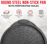 Bakken Pizza Baking Pan - Round Perforated Carbon Steel Pan with Non-Stick Marble Coating, Oversized Silicone Handle, Dishwasher Safe, High-Temperature Resistant, Durable & Easy Cleanup Gray, 2 Pack