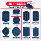 BAKKEN Kitchen Baking Pan Set - Nonstick Coating, Carbon Steel Bakeware Sets with Blue Silicone Handles, Baking Kitchen Essentials, PFOA, PFOS, PTFE Free, Oven Safe Tray (Up To 450° F), Set of 10
