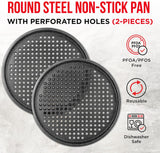 Bakken Pizza Baking Pan - Round Perforated Carbon Steel Pan with Non-Stick Marble Coating, Oversized Silicone Handle, Dishwasher Safe, High-Temperature Resistant, Durable & Easy Cleanup Gray, 2 Pack