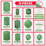 BAKKEN Kitchen Baking Pan Set - Nonstick Green Marble Coating, Carbon Steel Bakeware Sets with Green Silicone Handles, Kitchen Essentials, PFOA, PFOS, PTFE Free, Oven Safe (Up To 450° F), Set of 18