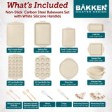 BAKKENMASTE 18-Piece Deluxe Nonstick Carbon Steel Bakeware Set - Professional Kitchen Oven Baking Pans with White Silicone Handles and Accessories