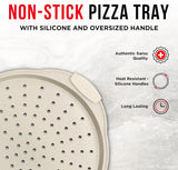 Bakken Pizza Baking Pan - Round Perforated Carbon Steel Pan with Non-Stick Marble Coating, Oversized Silicone Handle, Dishwasher Safe, High-Temperature Resistant, Durable & Easy Cleanup White, 2 Pack