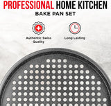 Bakken Pizza Baking Pan - Round Perforated Carbon Steel Pan with Non-Stick Marble Coating, Oversized Silicone Handle, Dishwasher Safe, High-Temperature Resistant, Durable & Easy Cleanup Gray, 2 Pack