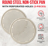 Bakken Pizza Baking Pan - Round Perforated Carbon Steel Pan with Non-Stick Marble Coating, Oversized Silicone Handle, Dishwasher Safe, High-Temperature Resistant, Durable & Easy Cleanup White, 2 Pack